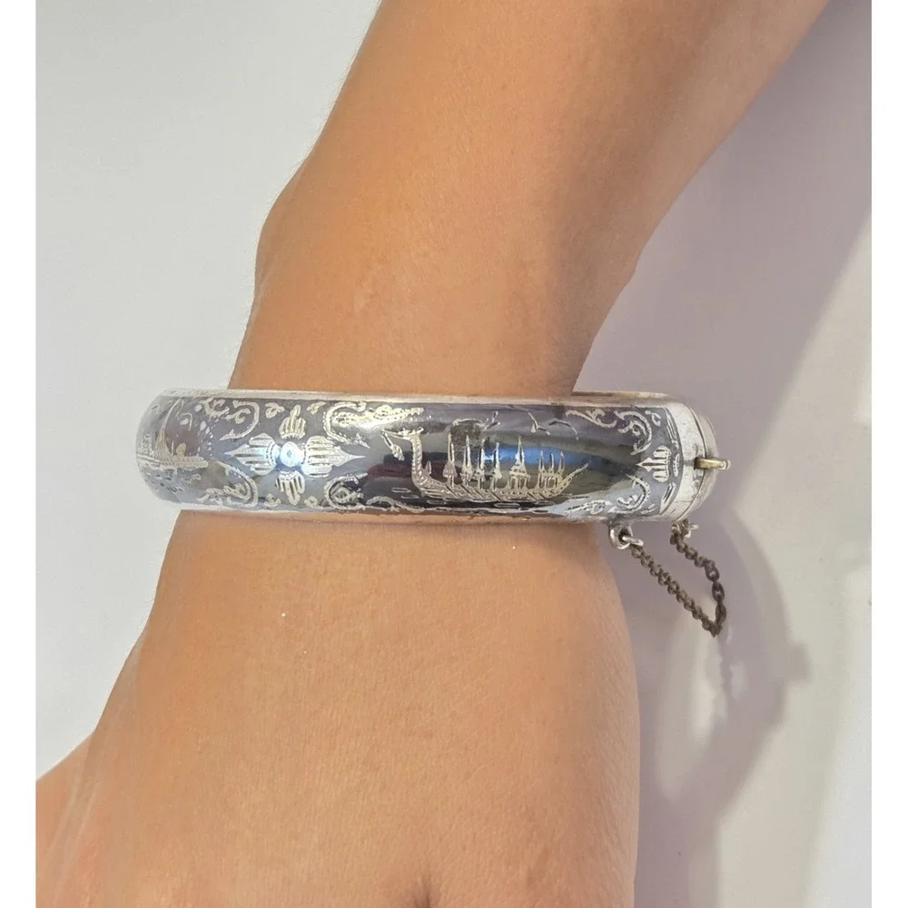 Ornate Antique Sterling Silver Siam Hinge Bangle Bracelet Pre Thailand 8